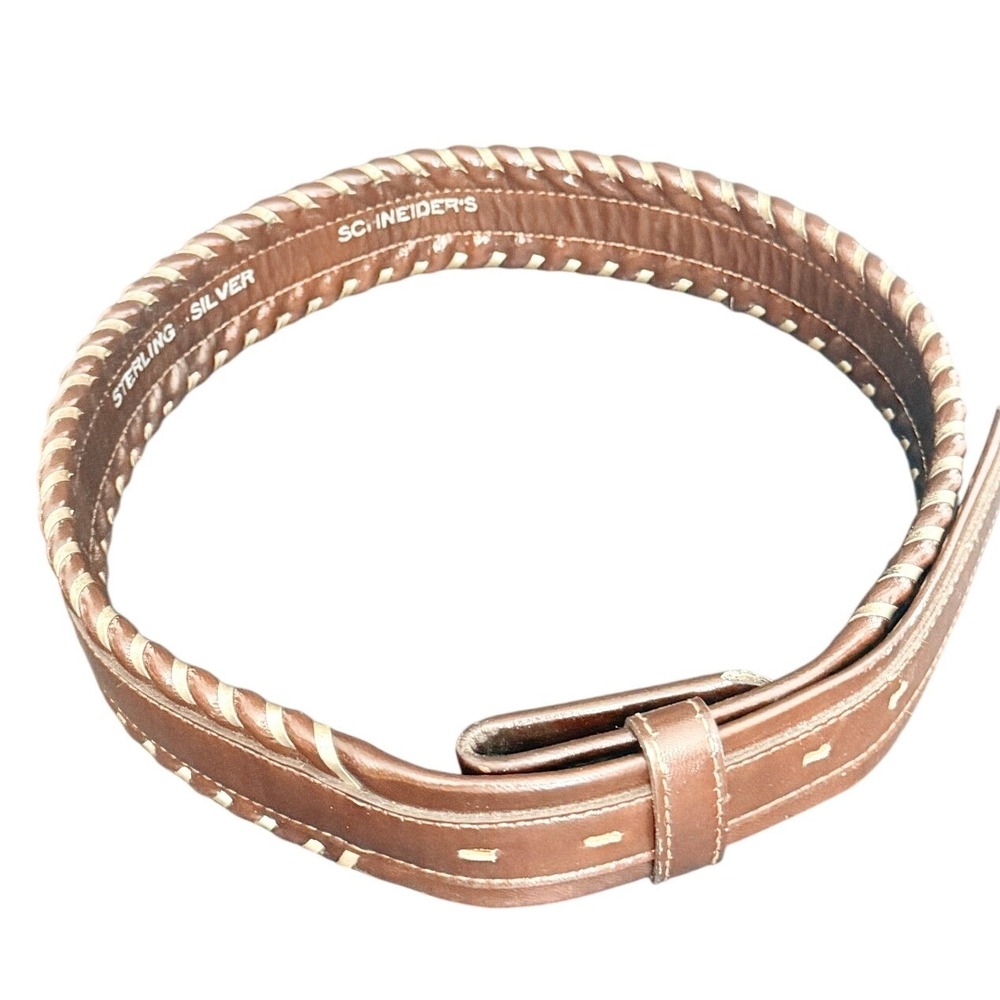 Schneider's Brown Leather Whipstitch Belt Sterling Silver Accents Size 32 Rodeo